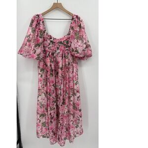 Sofie the Label Dress Womens Medium Pink Floral Puff Sleeve Smocked Garden‎ NEW